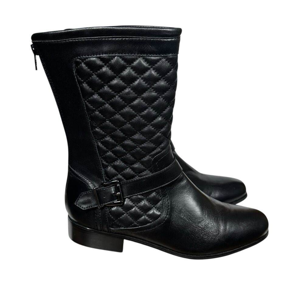 Chicos Boots Womens 10M Black Leather Quilted Mid Calf Zip Buckle Moto